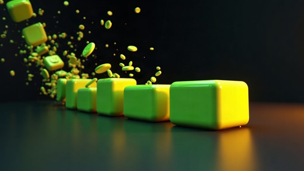 Candado roto con cadena blockchain fragmentada y tokens escapando