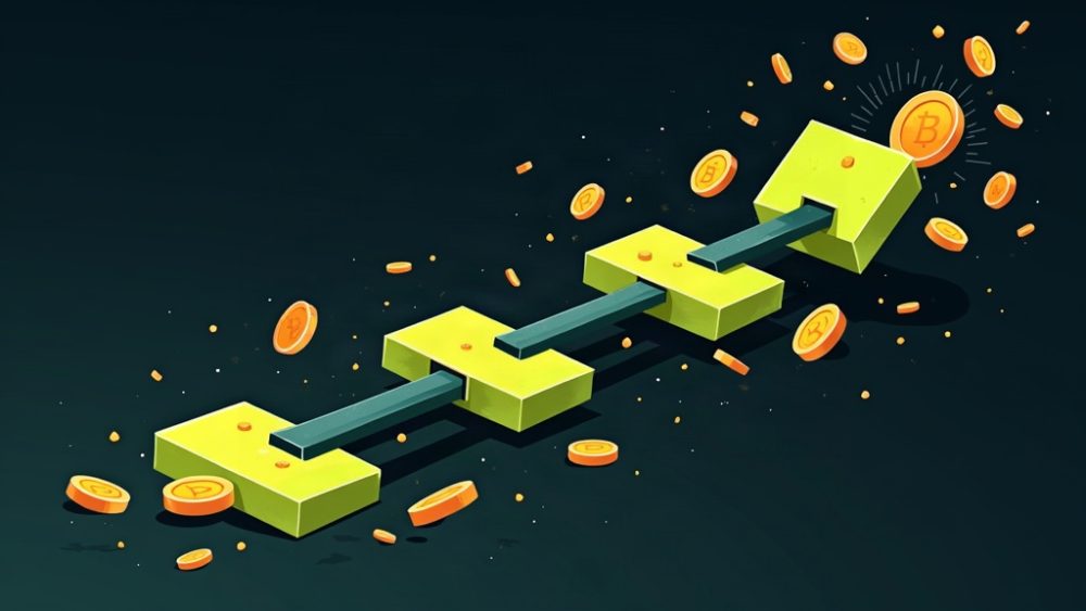Cadena de bloques con eslabón roto y tokens cayendo