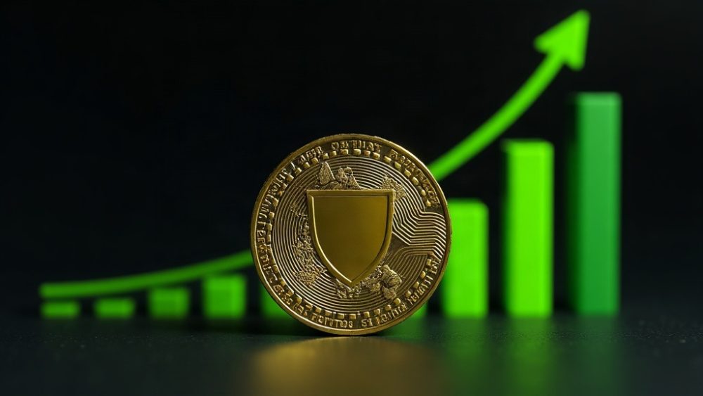 Moneda DASH con escudo de privacidad y flecha ascendente verde