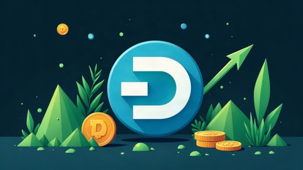 Moneda Dash ascendiendo sobre gráfico alcista con volumen