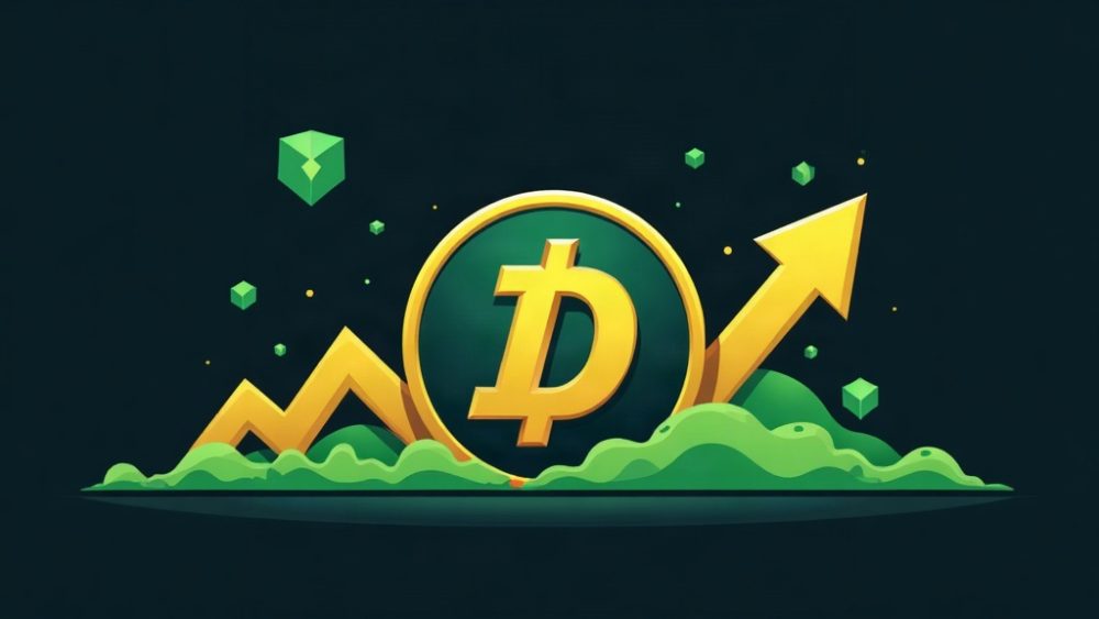 Moneda Dash con escudo de privacidad y flecha ascendente sobre gráfico de velas