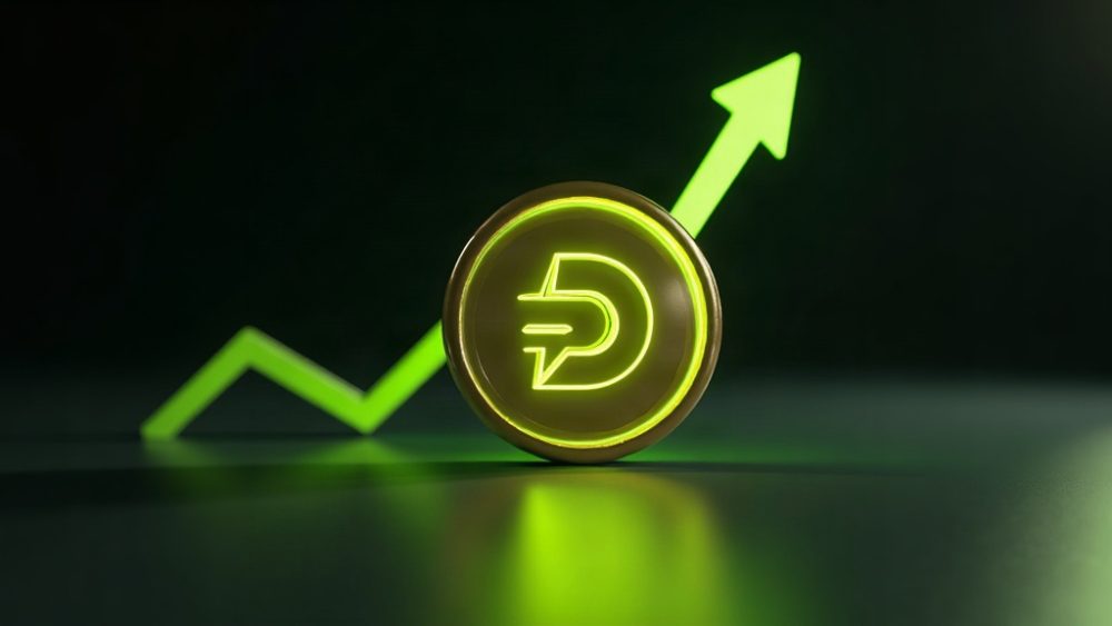 Moneda DASH con gráfico ascendente y flecha verde