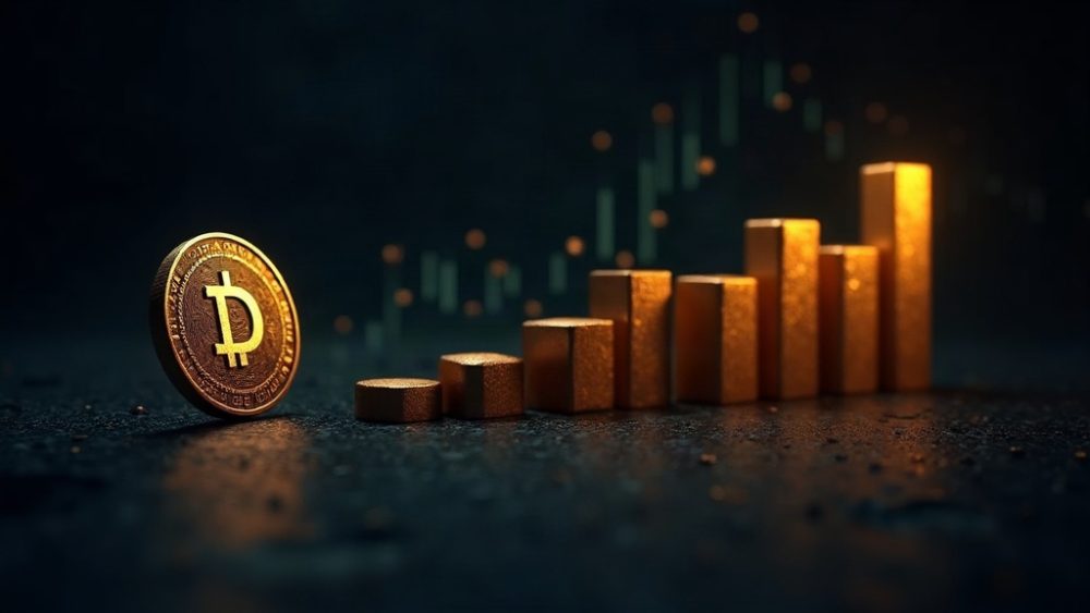 Moneda DASH con flecha ascendente y gráfico de volumen récord