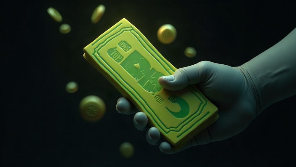 Billetera cripto vaciándose con tokens cayendo hacia mano que los roba