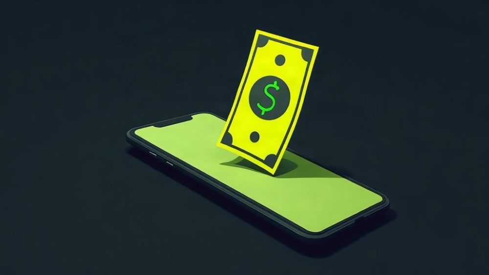 Smartphone emitiendo billetes de dólar hacia mano de usuario