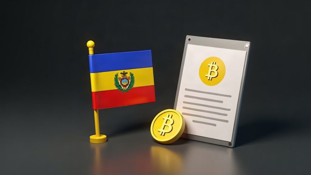 Bandera de El Salvador con símbolo de Bitcoin y documento del FMI certificando donaciones privadas