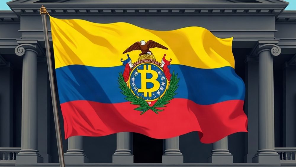 Bandera de El Salvador junto a escudo dorado con símbolo Bitcoin sobre edificio gubernamental