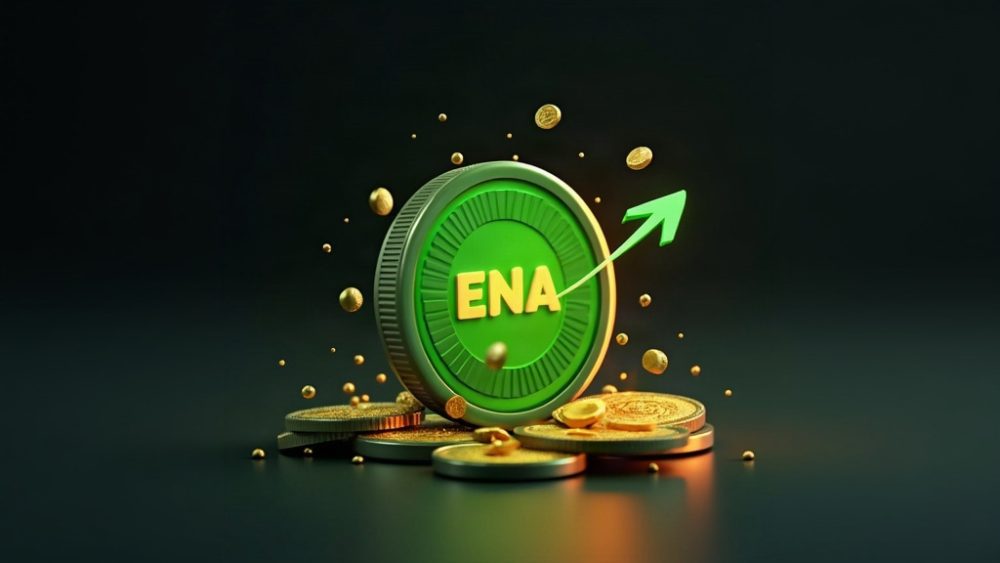 Moneda ENA presionada entre flecha verde ascendente y tokens cayendo desde arriba
