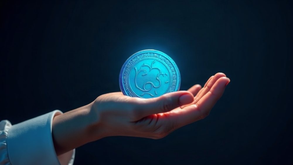 Token ENA cayendo en mano con gráfico alcista de fondo