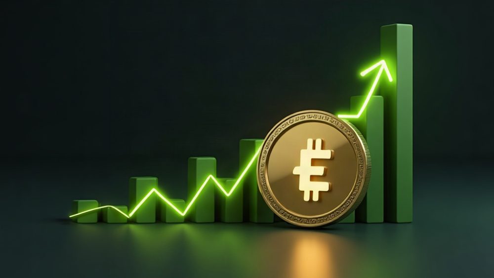 Moneda Ethena con flecha ascendente y gráfico de crecimiento mensual
