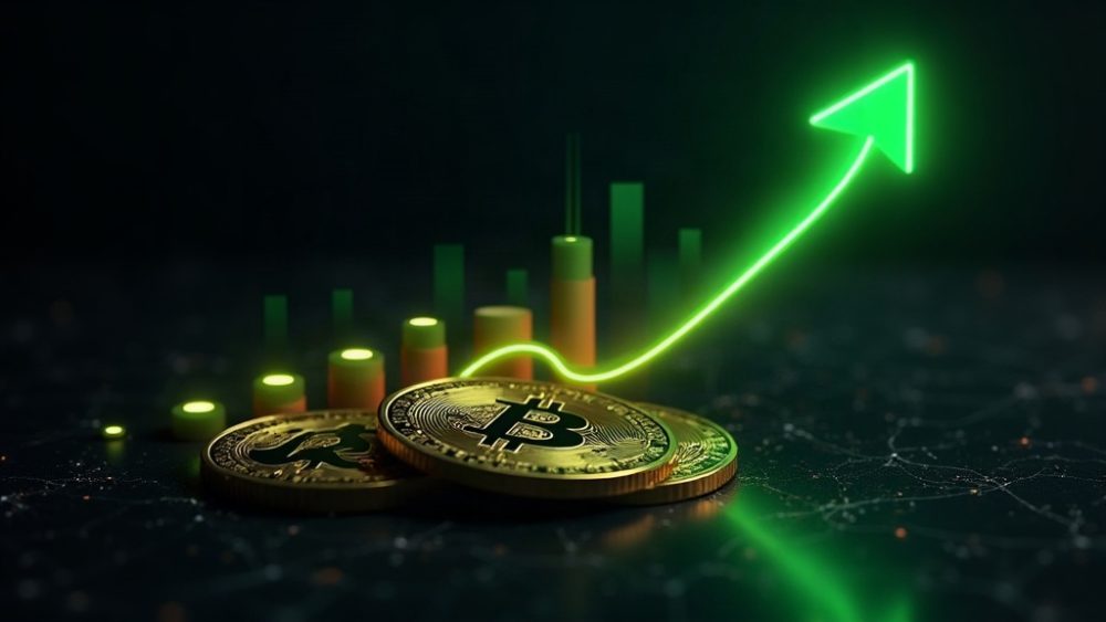 Símbolo de moneda con flecha ascendente y gráfico de barras mostrando crecimiento de activos del ETF