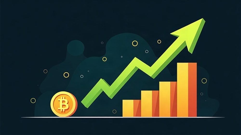 Gráfico de barras ascendente con símbolo de Bitcoin y flecha verde representando entradas de capital en ETFs
