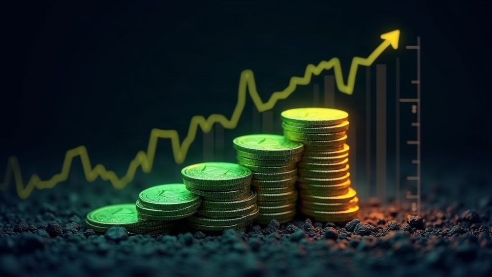 Monedas Ethereum con flecha ascendente y gráfico de flujos positivos