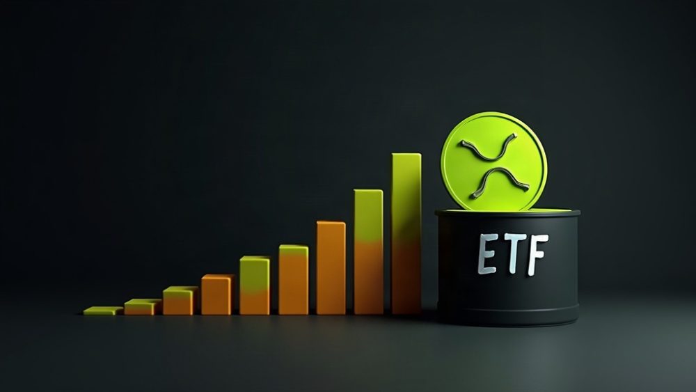 Moneda XRP entrando en contenedor ETF con gráfico ascendente al fondo