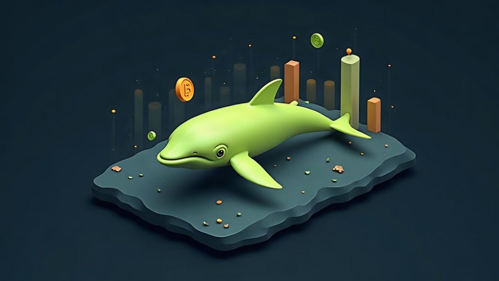 Ballena nadando hacia arriba junto a token y gráfico de barras ascendente