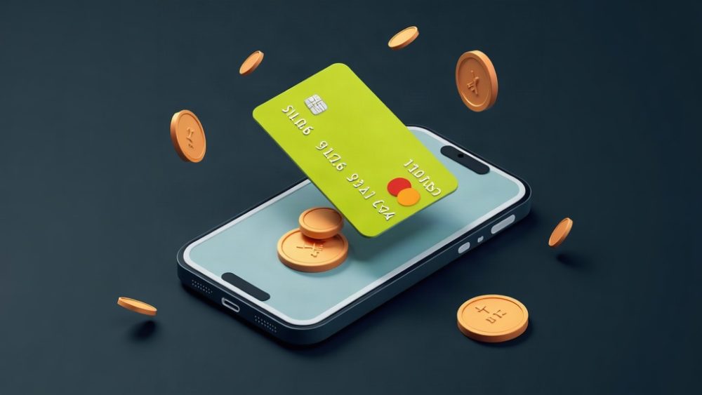 Tarjeta de débito sobre smartphone con interfaz bancaria y tokens cayendo a billetera