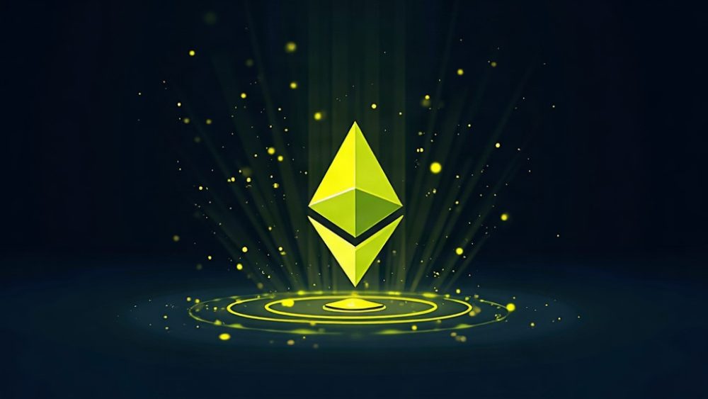 Escudo protegiendo símbolo de Ethereum contra amenaza cuántica representada por haz de luz