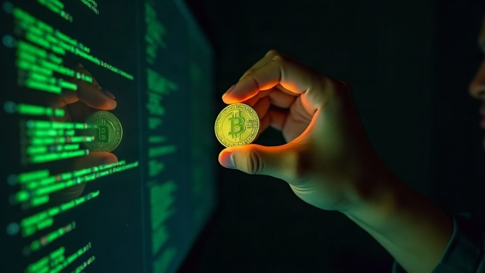 Mano sosteniendo token digital frente a pantalla con código de IA