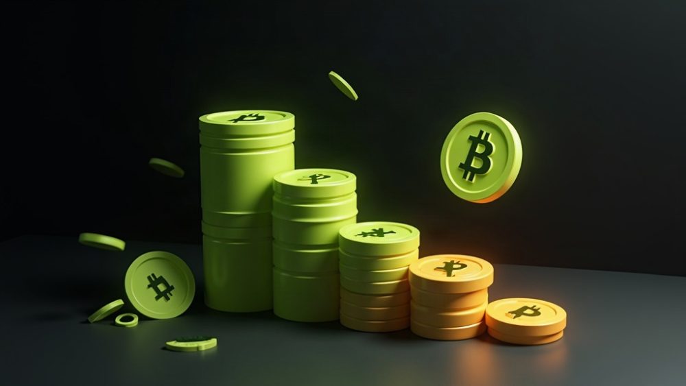 Balanza de justicia con monedas cripto y documentos fiscales
