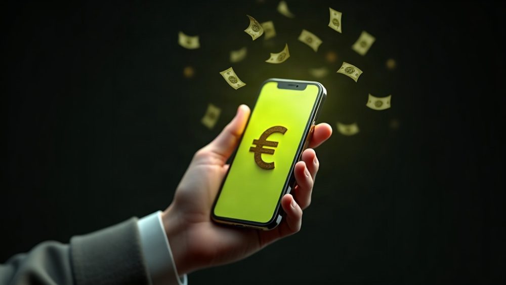 Teléfono móvil con monedas USDe saliendo de la pantalla y símbolo de porcentaje