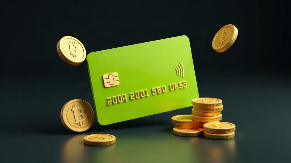 Tarjeta de débito con símbolo de porcentaje y stablecoins
