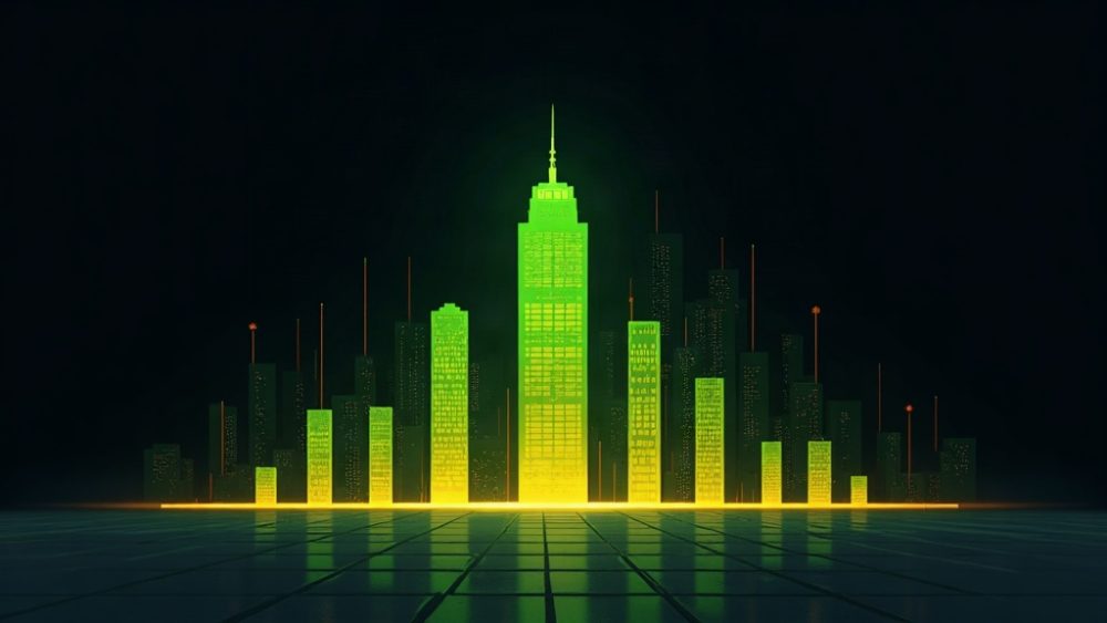 Edificio corporativo con símbolo Hyperliquid y gráficos financieros