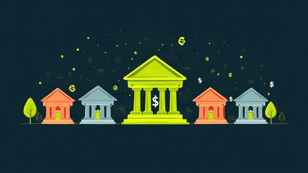 Edificios bancarios unidos por blockchain con símbolo de dólar estable