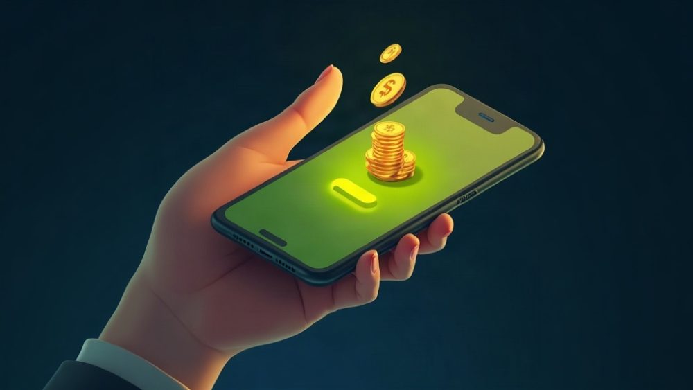 Mano con teléfono mostrando interfaz de reserva y token flotante