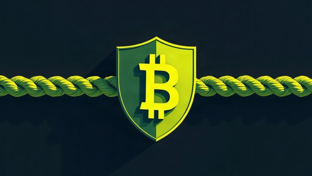 Cadena rota con Bitcoin escapando y escudo agrietado representando brecha de seguridad