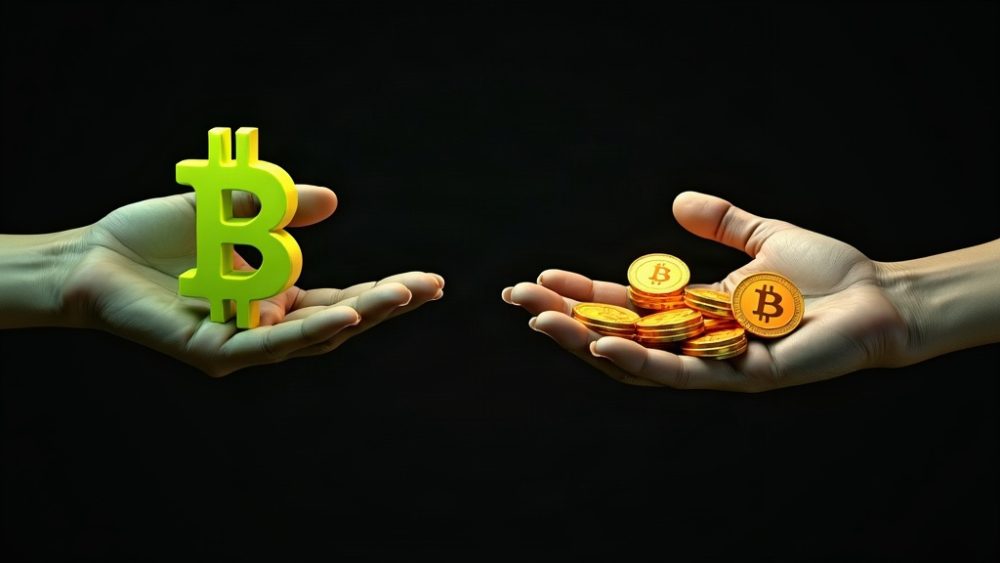 Cadena de bloques rota con monedas BTC cayendo hacia una mano abierta