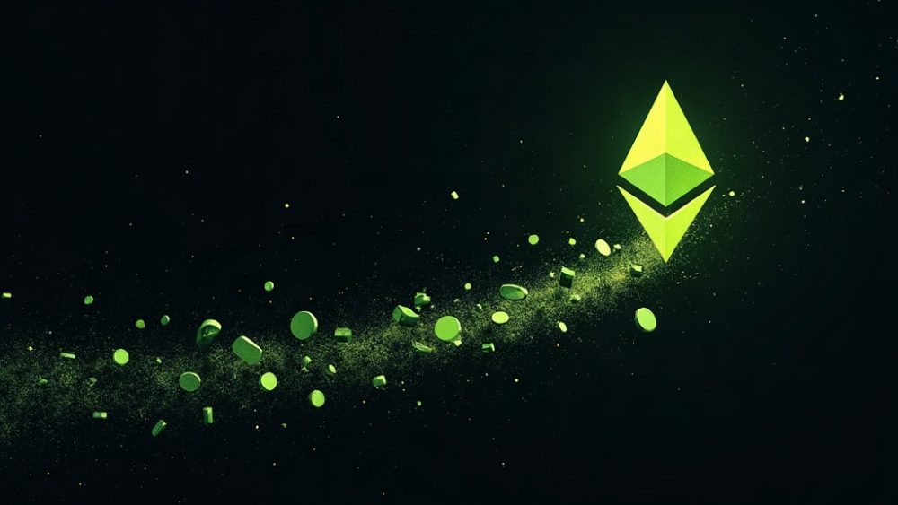 Cadena de bloques fragmentada con tokens fluyendo hacia logo de Ethereum
