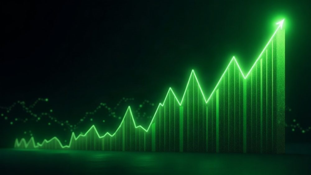 Gráfico de velas con flecha verde ascendente marcando nuevo máximo histórico