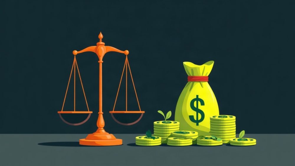Candado roto, balanza de justicia y símbolo de dólar cayendo