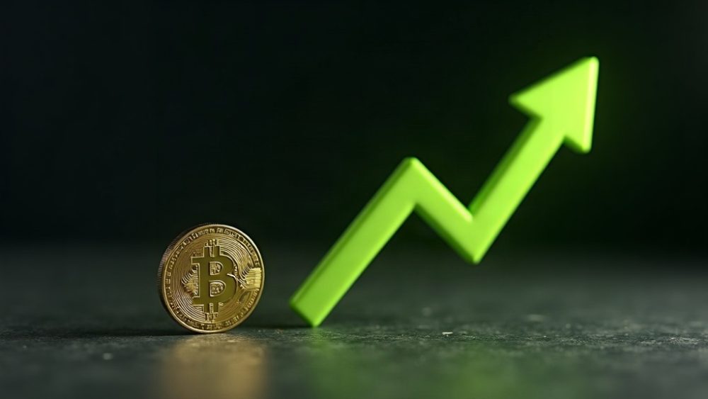 Moneda Kaspa con gráfico de velas verdes y flecha ascendente