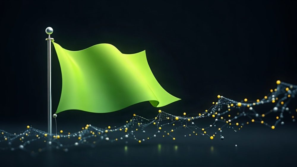 Bandera de Kirguistán con bloques de blockchain y documento de licencia