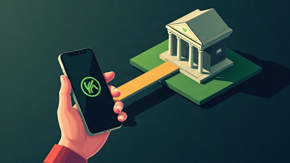 Teléfono con logo de Kraken conectado visualmente a un edificio bancario, representando la alianza SoFi-Kraken