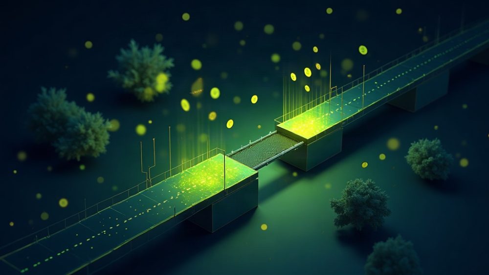 Dos plataformas digitales unidas por un puente luminoso con flujo de monedas cripto