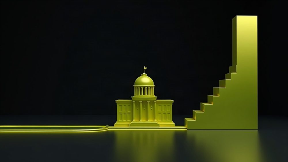 Eslabón conectando banco y blockchain con flecha ascendente