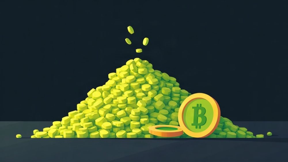 Candado roto junto a dos pilas de monedas Bitcoin de distinto tamaño