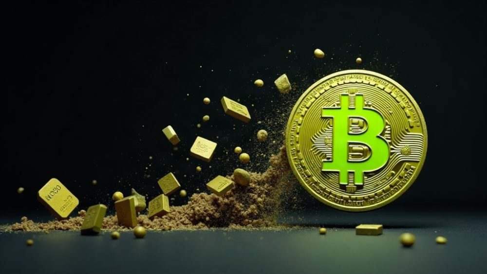 Candado roto con Bitcoin escapando de cadena lateral bloqueada