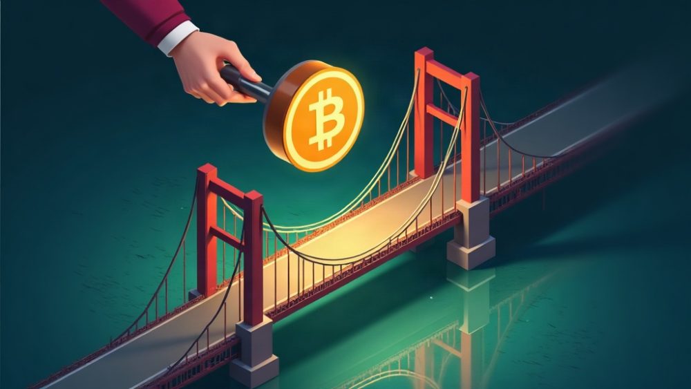 Puente blockchain roto con Bitcoin escapando y escudo con interrogante