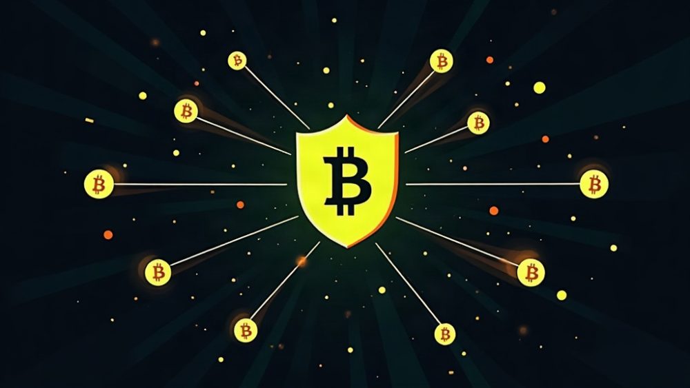 Red Bitcoin con escudo parcialmente roto y monedas BTC regresando