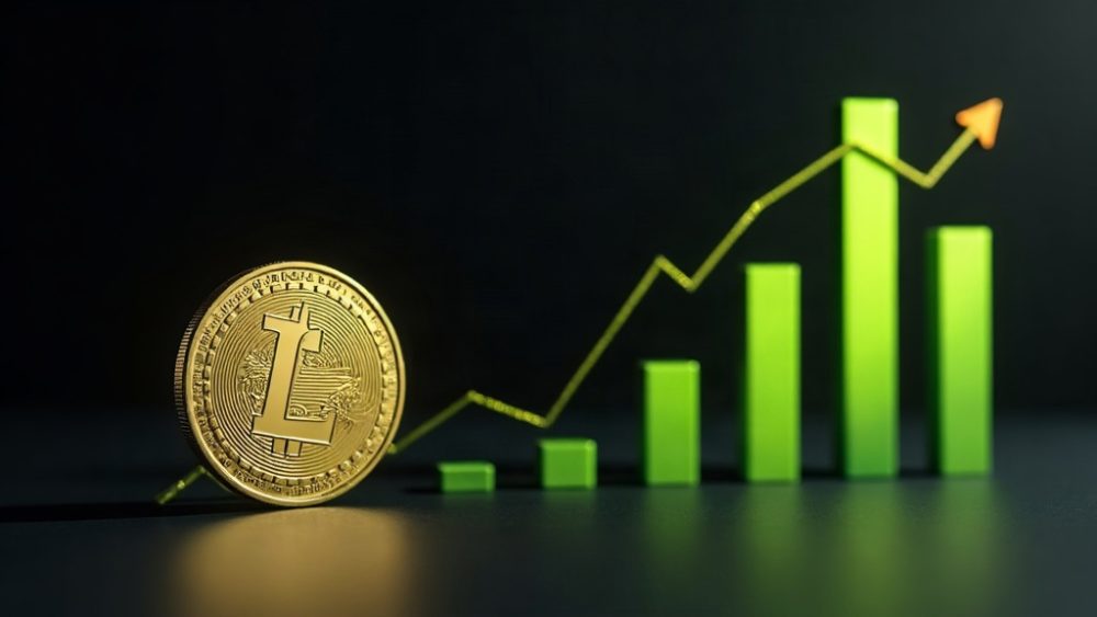 Moneda Litecoin junto a gráfico de barras de volumen en expansión