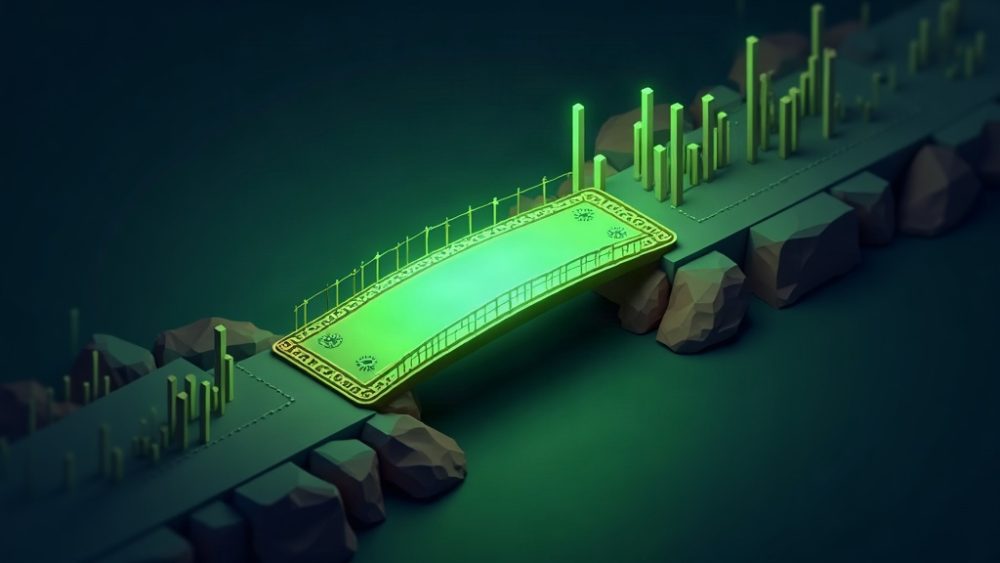 Token cripto conectándose a documento RWA mediante puente luminoso con gráfico ascendente