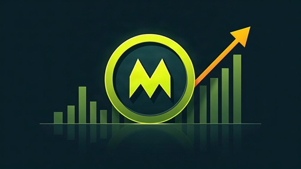 Moneda Monero ascendiendo sobre gráfico de velas verdes rompiendo resistencia