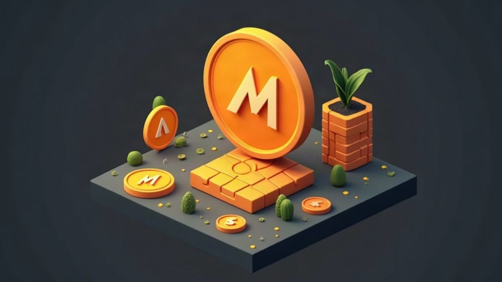 Moneda Monero con flecha ascendente y símbolo de candado de privacidad