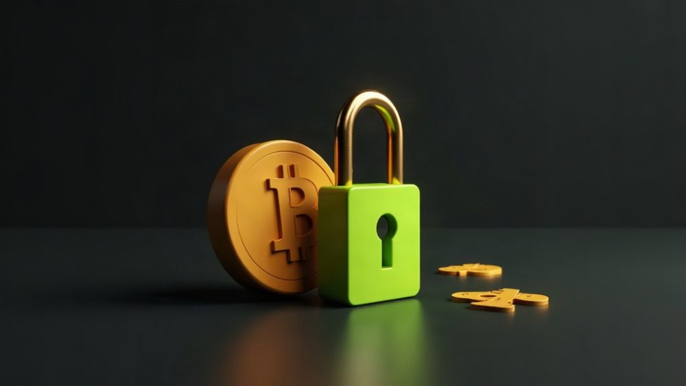 Llave inglesa rompiendo candado junto a símbolo de Bitcoin con sombra oscura