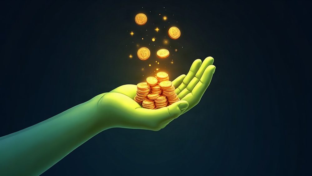 Mano recibiendo tokens con número 75M en partículas