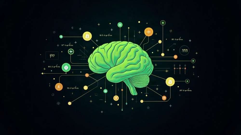 Red neuronal digital con símbolo NEAR y ecuaciones matemáticas, representando IA eficiente en blockchain