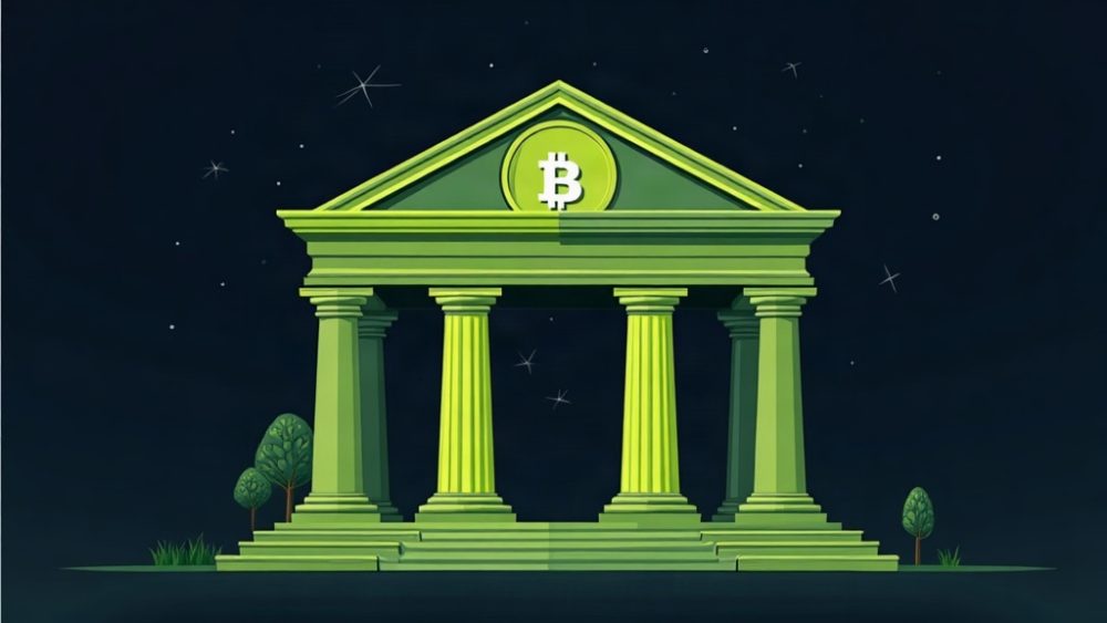 Fusión visual de banco tradicional con infraestructura blockchain y stablecoins